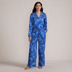 Women's Petite Satin 2 Piece Pajama Set - Long Sleeve Top and Wide Leg Pants