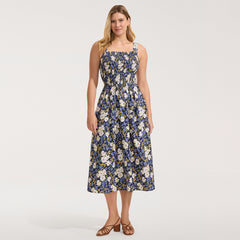 Women's Petite Poplin Smocked Bodice Midi Dress