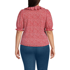 Women's Plus Size Puff Sleeve Slub Ruffle Pintuck Top