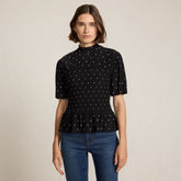 Women's Bubble Sleeve Silky Knit Smocked Mock Neck Top