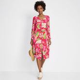 Women's Petite Crepe Button Front Long Sleeve Midi Dress