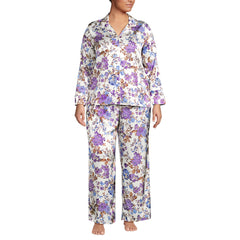 Women's Plus Size Satin 2 Piece Pajama Set - Long Sleeve Top and Wide Leg Pants