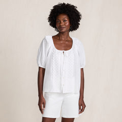 Women's Voile Puff Elbow Sleeve Embroidered Blouse