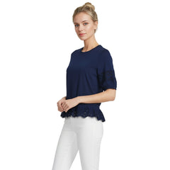 Women's Elbow Sleeve Slub Lace Trim Adjustable Hem Top