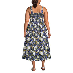 Women's Plus Size Poplin Smocked Bodice Midi Dress