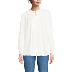 Women's Petite Lightweight Jersey Long Sleeve Button Front Pintuck Top