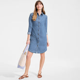 Women's Light Weight Denim Long Sleeve Button Front Shirt Dress