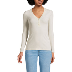 Women's Petite Drapey Rib Skimming Long Sleeve Henley T-Shirt