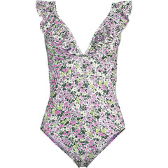Women's Long Pique Ruffle One Piece Swimsuit