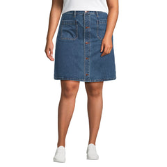 Women's Plus Size Soft Denim Mid Rise Button Through Above the Knee Skirt