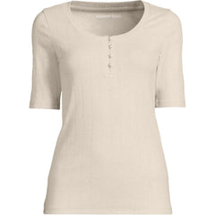 Women's Plus Size Elbow Sleeve Variegated Micro Rib Scoop Neck Henley