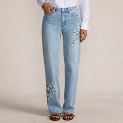Women's Petite Soft Denim Mid Rise Relaxed Straight Leg Embroidered Jeans