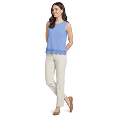 Women's Petite Sleeveless Slub Crew Neck Lace Trim Tank Top
