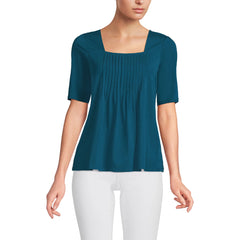 Women's Elbow Sleeve Lightweight Jersey Pintuck Square Neck Top