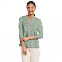 Women's Petite Lightweight Jersey Button Pintuck Top
