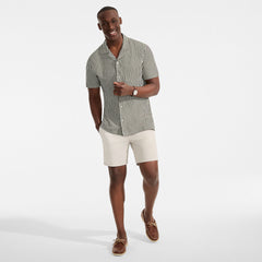Men's Short Sleeve Cotton Linen Vertical Stripe Button Through Camp Collar Shirt