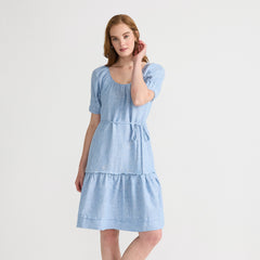 Women's Puff Sleeve Pleated Linen Knee Length Dress