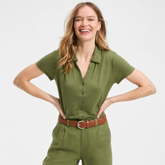 Women's Petite Linen Blend Short Sleeve Button Front Polo Top