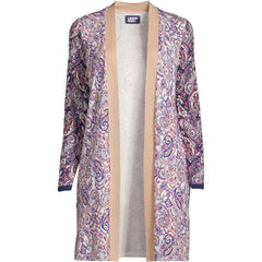 Women's Petite Fine Gauge Cotton Long Open Cardigan Sweater - Print