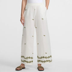 Women's Petite Poplin High Rise Extra Wide Leg Embroidered Pants