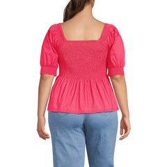 Women's Plus Size Poplin Elbow Sleeve Smocked Top