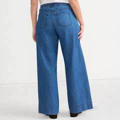 Women's High Rise Wide Leg Double Pleated Denim Trousers