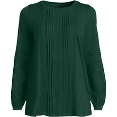 Women's Petite Lightweight Jersey Lace Mix Long Sleeve Pintuck Top