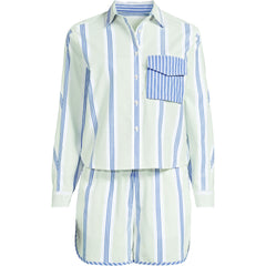 Women's Plus Size Cotton Poplin 2 Piece Pajama Set - Long Sleeve Top and Shorts with Piping