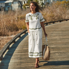 Women's Petite Poplin Smocked Embroidered High Rise Midi Skirt