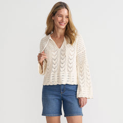 Women's Cotton Boucle Pointelle Notch Neck Sweater