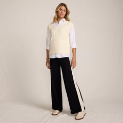 Women's Fine Gauge Cotton Side Stripe Wide Leg Sweater Pants