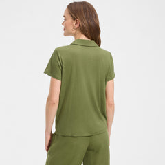 Women's Linen Blend Short Sleeve Button Front Polo Top