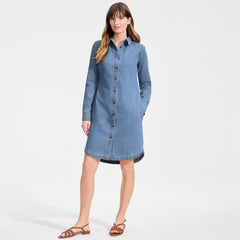 Women's Petite Light Weight Denim Long Sleeve Button Front Shirt Dress