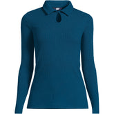 Women's Long Sleeve Pointelle Rib Keyhole Polo Top