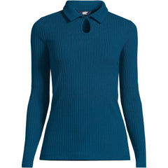 Women's Long Sleeve Pointelle Rib Keyhole Polo Top