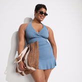 Women's Plus Size Pique Halter Ruffle Hem Mini Swim Dress Swimsuit