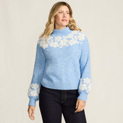 Women's Fuzzy Turtleneck Lantern Sleeve Jacquard Sweater