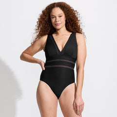 Women's Long Mesh Ribbed Plunge High Leg One Piece Swimsuit