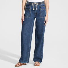 Women's Lightweight Denim High Rise Relaxed Straight Pull On Pocket Jeans