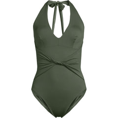 Women's Long Sculpting Suit Plunge Halter High Leg One Piece Swimsuit