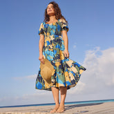 Women's Smocked Cotton Dobby Midi Puff Sleeve Dress