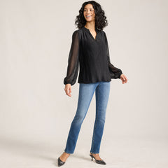 Women's Ruffle Neck Pintuck Sleeve Top