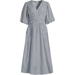 Women's Puff Sleeve Smocked Waist V Neck Dress