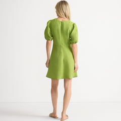 Women's Petite Linen Above the Knee Puff Sleeve Dress