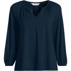 Women's Plus Size Lightweight Jersey 3/4 Sleeve Notch Neck Gather Blouse