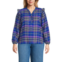 Women's Plus Size Ruffle Front Flannel Popover Blouse