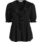 Women's Puff Sleeve Slub Ruffle Pintuck Top