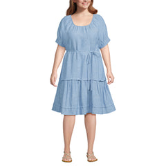 Women's Plus Size Puff Sleeve Pleated Linen Knee Length Dress