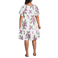 Women's Plus Size Puff Sleeve Pleated Linen Knee Length Dress
