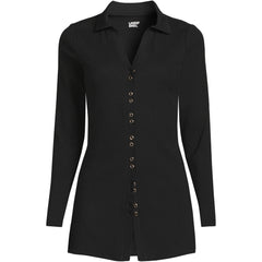 Women's Long Sleeve Polished Rib Button Through Tunic Shirt